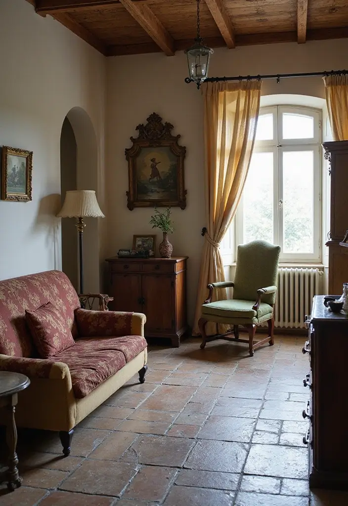 28 Stone Floor Living Room Ideas That Feel Earthy and Elegant - 14. Stone with Vintage Charm