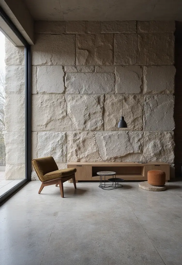 28 Stone Floor Living Room Ideas That Feel Earthy and Elegant - 15. Statement Stone Walls