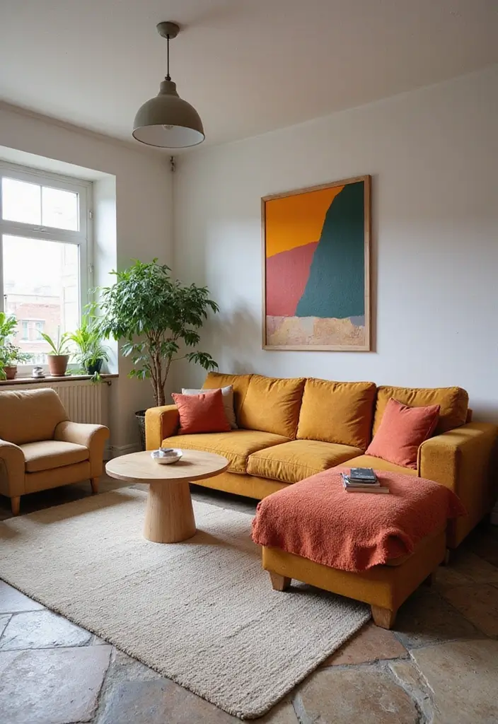 28 Stone Floor Living Room Ideas That Feel Earthy and Elegant - 16. Neutral Palette with Vibrant Accents