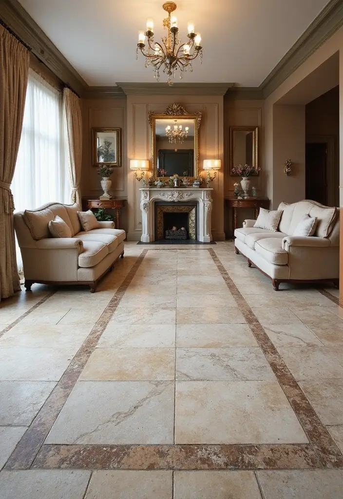 28 Stone Floor Living Room Ideas That Feel Earthy and Elegant - 18. Stone Borders and Insets