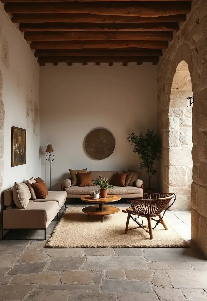 28 Stone Floor Living Room Ideas That Feel Earthy and Elegant - 8. Stone and Wood Fusion