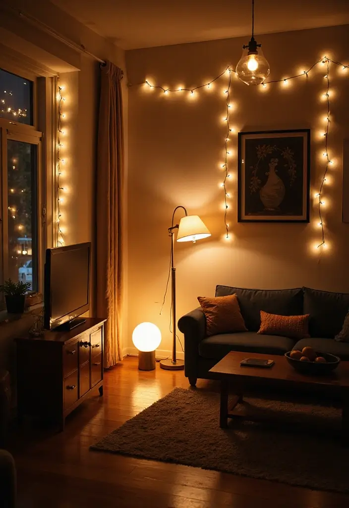 28 Studio Apartment Living Room Ideas That Save Space Beautifully - 10. Creative Lighting Options