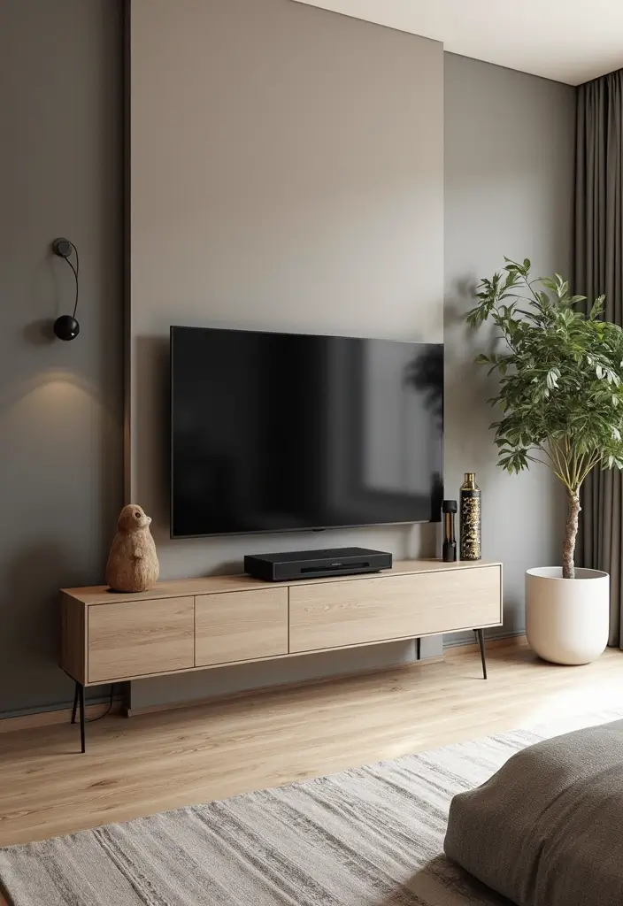 28 Studio Apartment Living Room Ideas That Save Space Beautifully - 11. Minimalist Media Units