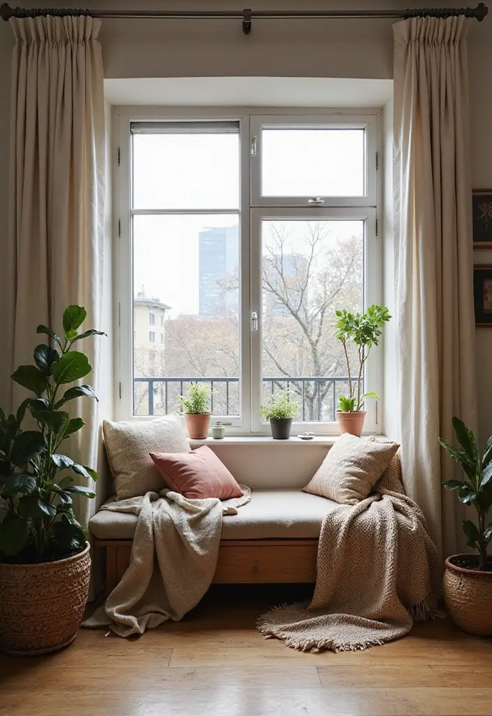 28 Studio Apartment Living Room Ideas That Save Space Beautifully - 12. Cozy Window Seating