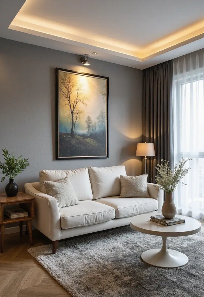 28 Studio Apartment Living Room Ideas That Save Space Beautifully - 13. Wall Art as a Focal Point