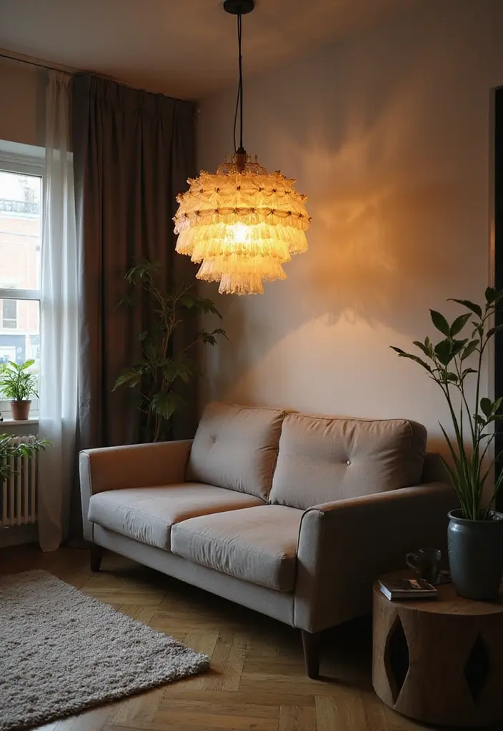 28 Studio Apartment Living Room Ideas That Save Space Beautifully - 16. Statement Lighting Fixtures