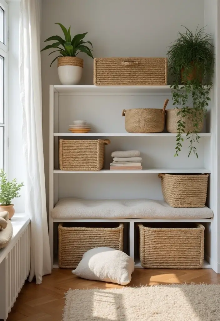 28 Studio Apartment Living Room Ideas That Save Space Beautifully - 23. Creative Organization with Baskets