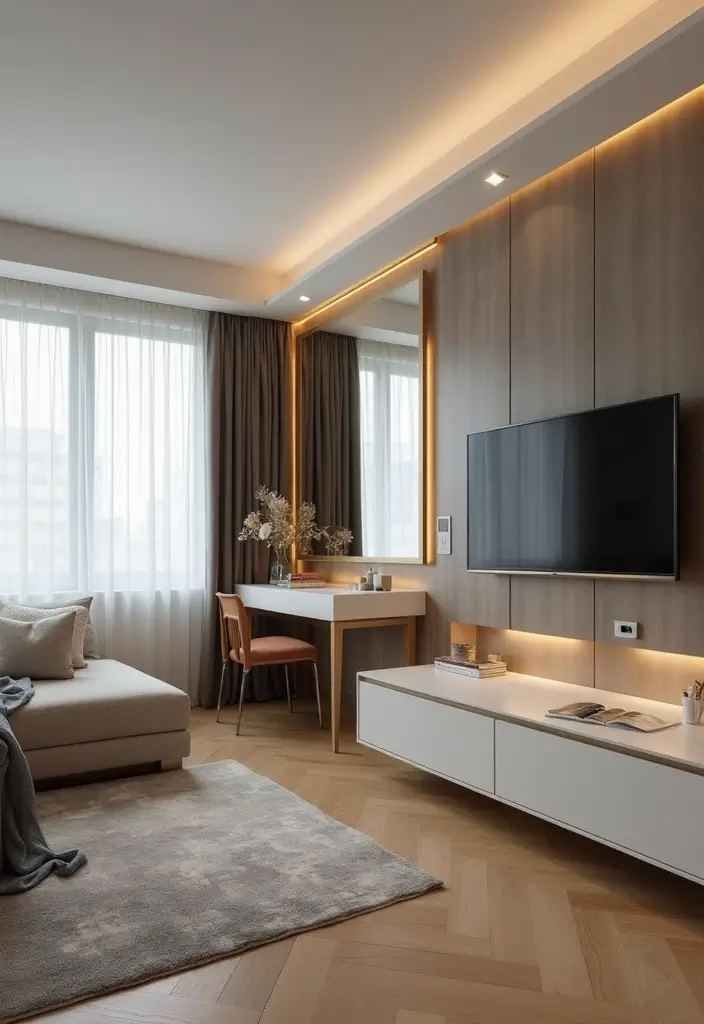 28 Studio Apartment Living Room Ideas That Save Space Beautifully - 24. Smart Technology Solutions