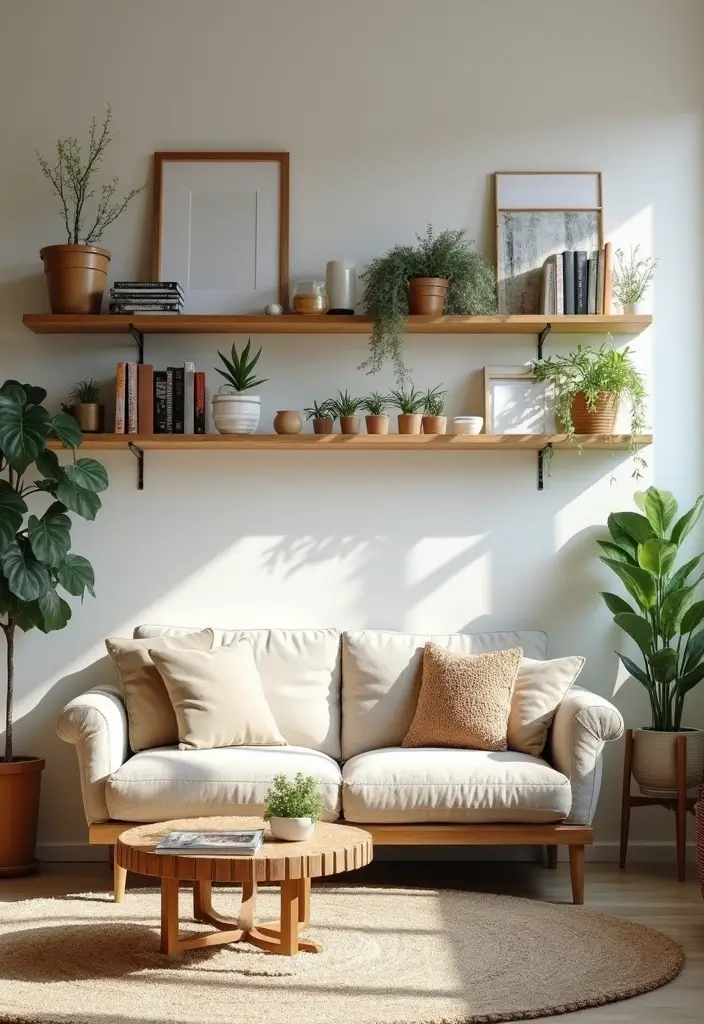 28 Studio Apartment Living Room Ideas That Save Space Beautifully - 3. Wall-Mounted Shelves