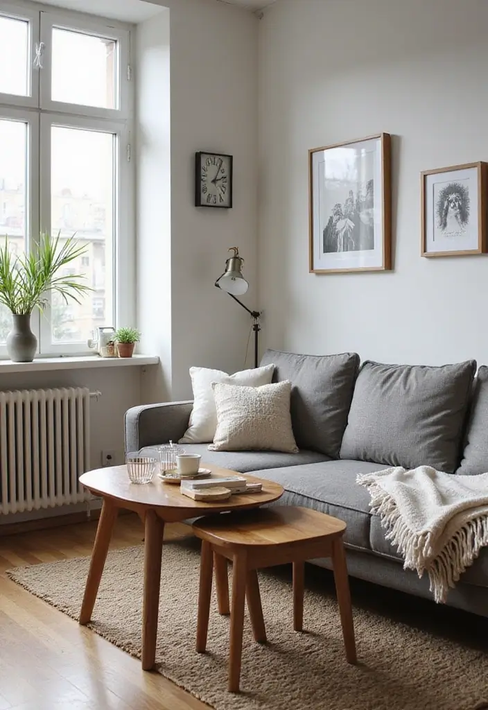 28 Studio Apartment Living Room Ideas That Save Space Beautifully - 5. Nesting Tables for Versatility