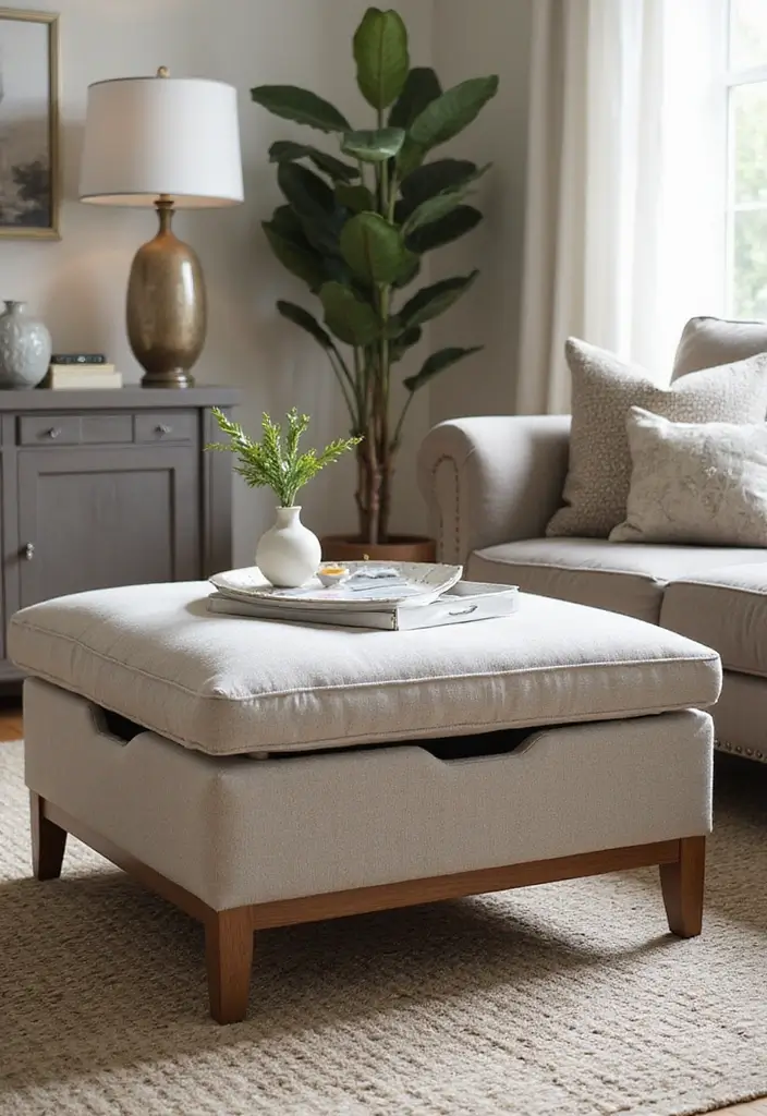 28 Studio Apartment Living Room Ideas That Save Space Beautifully - 6. Stylish Ottomans with Hidden Storage