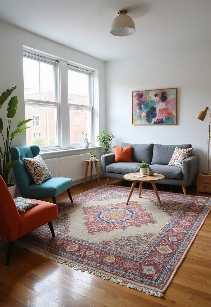 28 Studio Apartment Living Room Ideas That Save Space Beautifully - 8. Colorful Area Rugs