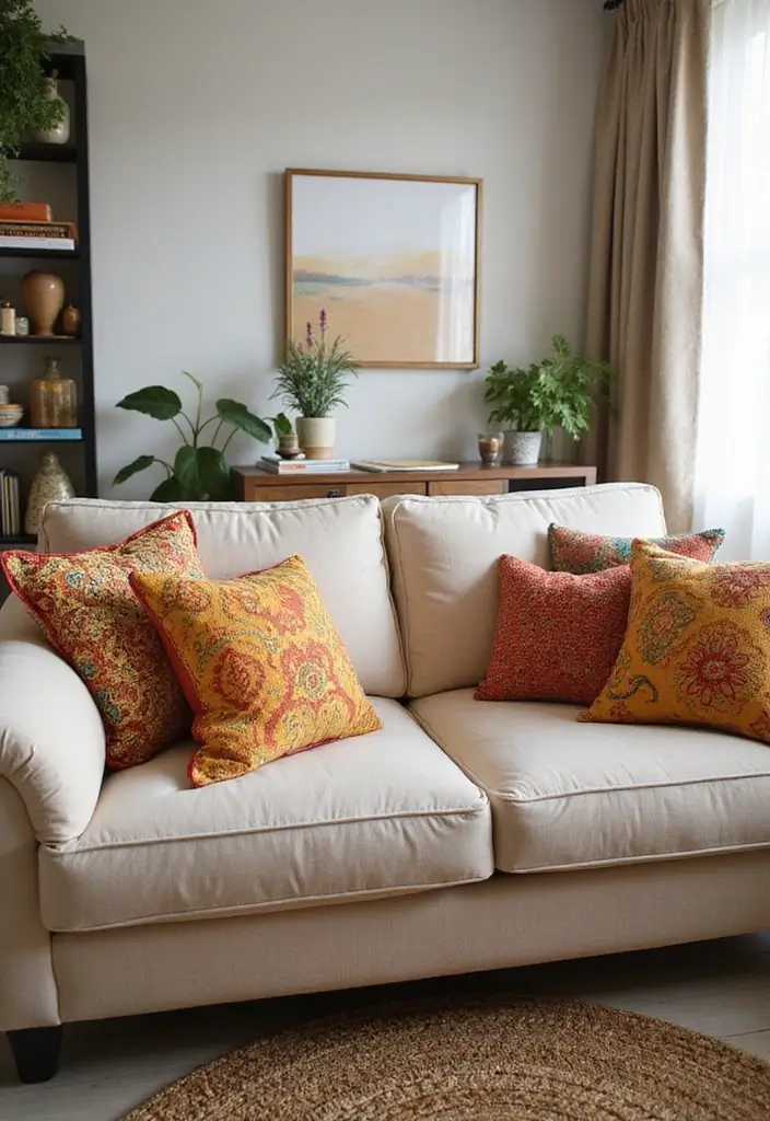 28 Studio Apartment Living Room Ideas That Save Space Beautifully - 9. Bright Decorative Throw Pillows