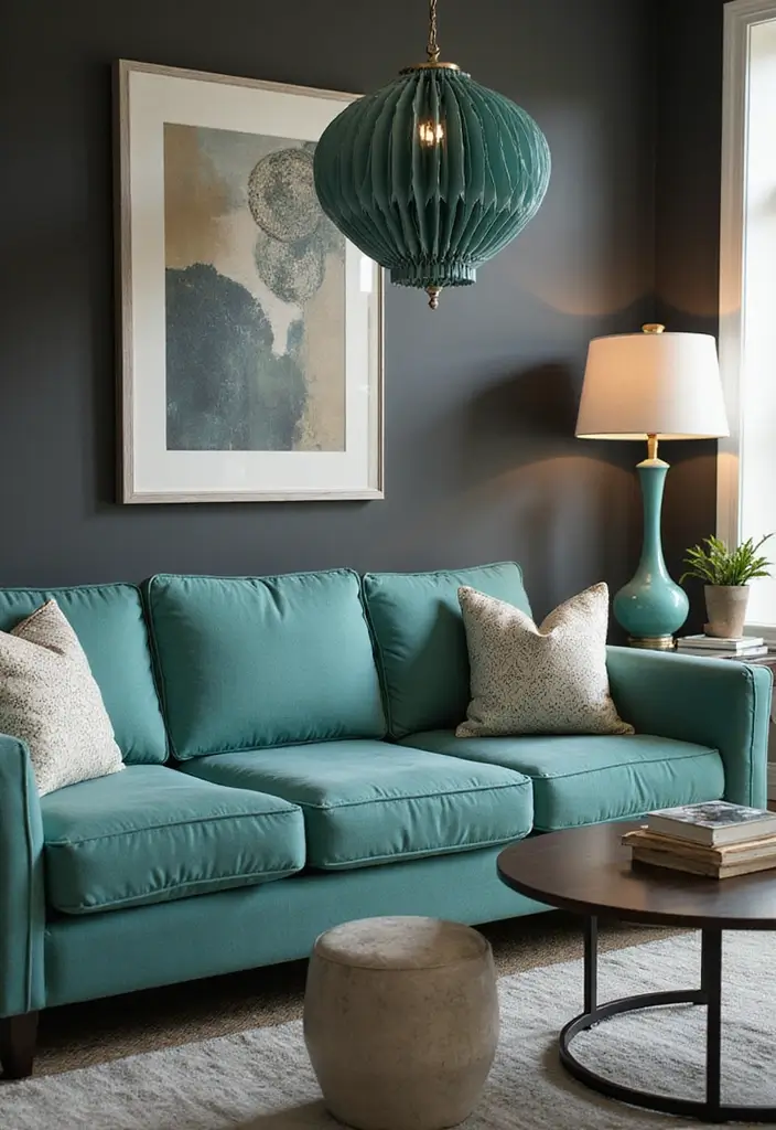 28 Teal and Green Living Room Ideas That Feel Fresh and Natural - 11. Teal Lighting Fixtures