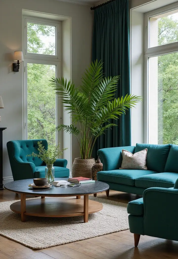 28 Teal and Green Living Room Ideas That Feel Fresh and Natural - 14. Statement Furniture Pieces