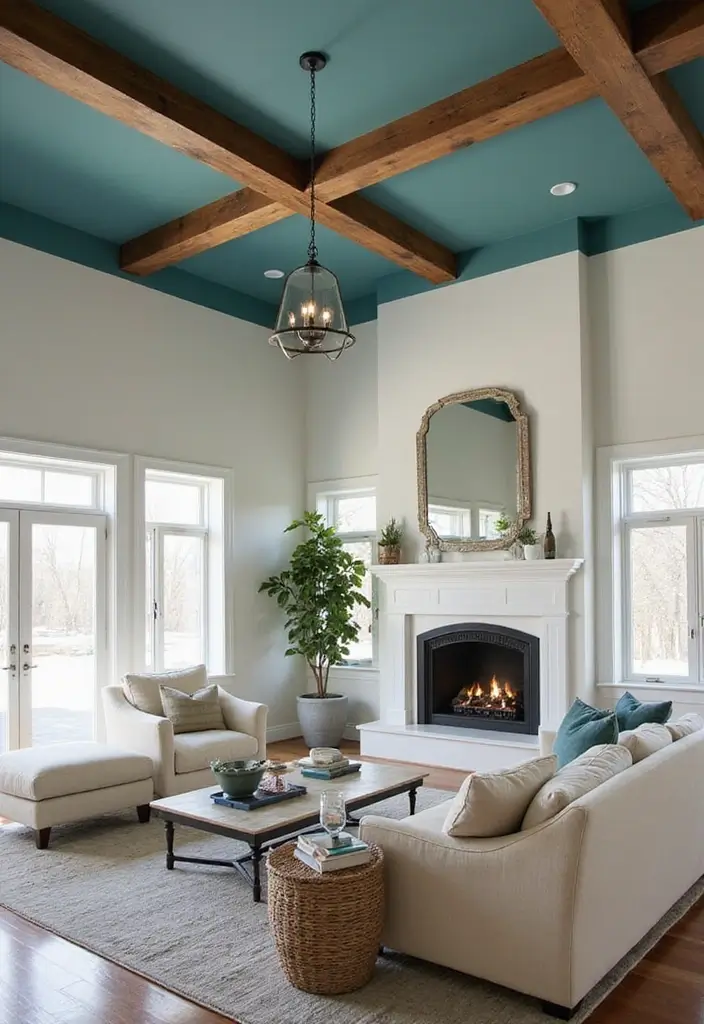 28 Teal and Green Living Room Ideas That Feel Fresh and Natural - 18. Unique Ceiling Treatments