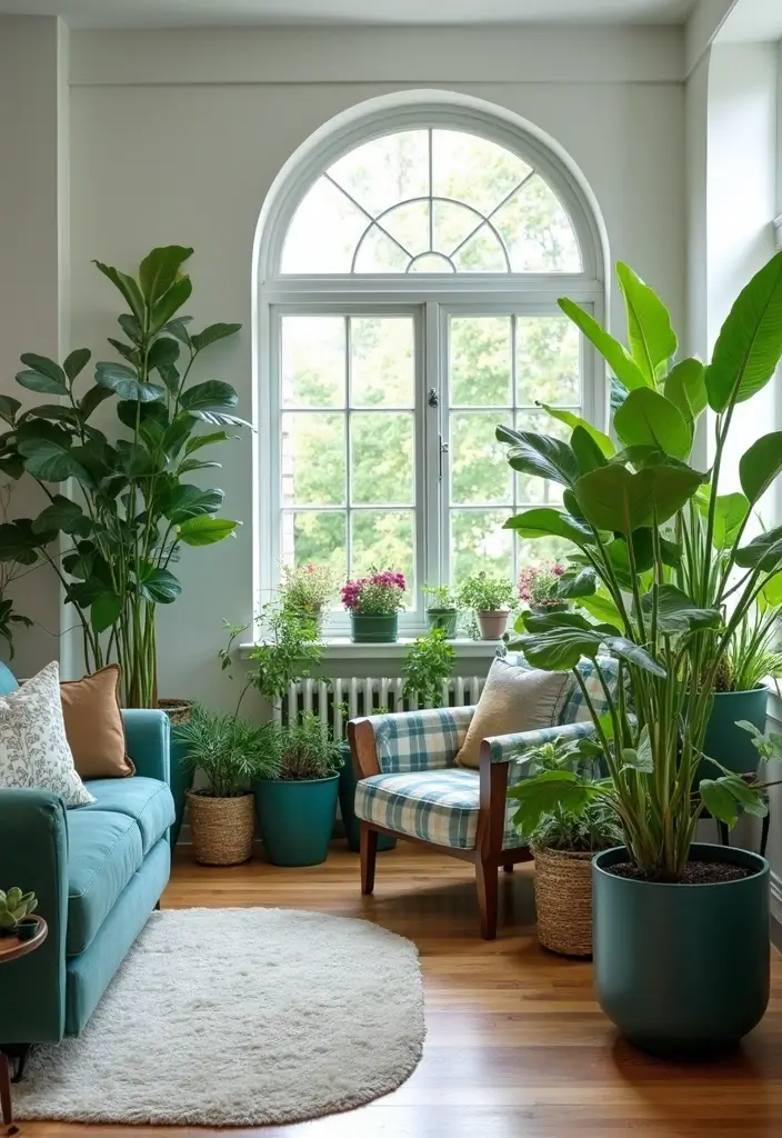 28 Teal and Green Living Room Ideas That Feel Fresh and Natural - 2. Indoor Plants Galore