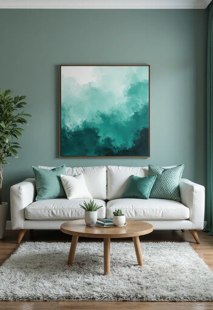 28 Teal and Green Living Room Ideas That Feel Fresh and Natural - 20. Colorful Accent Wall Art