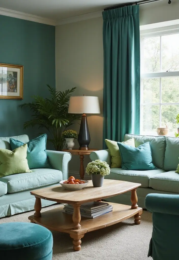 28 Teal and Green Living Room Ideas That Feel Fresh and Natural - 21. Soft Green Fabrics
