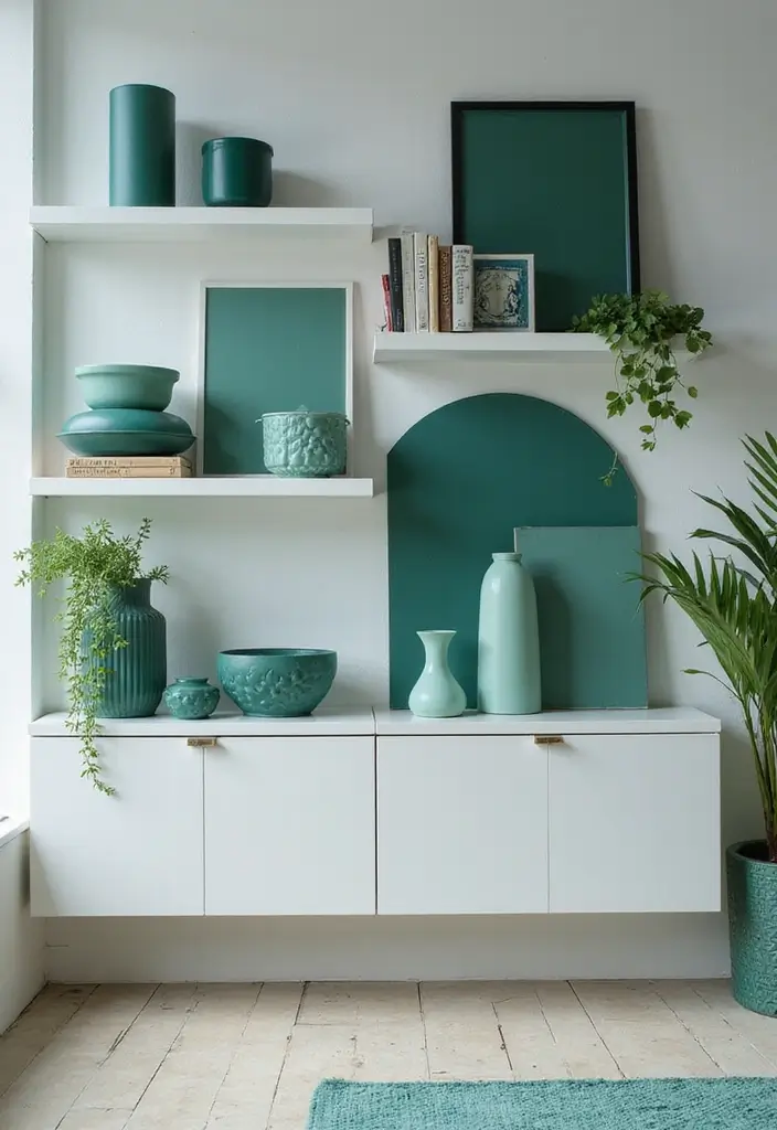 28 Teal and Green Living Room Ideas That Feel Fresh and Natural - 22. Minimalist Shelving
