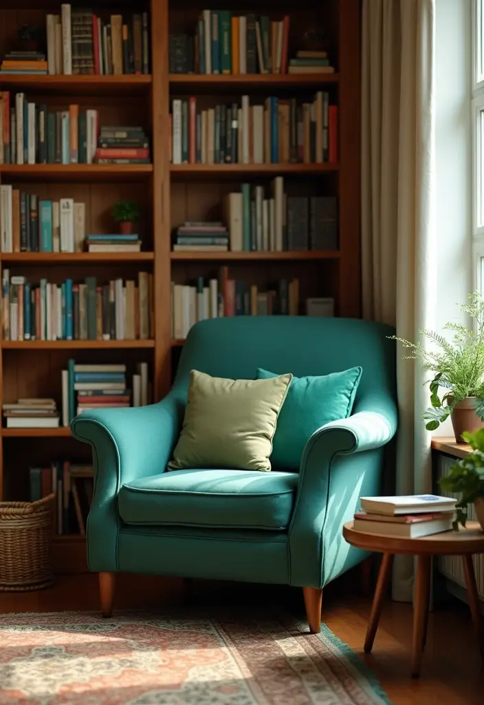 28 Teal and Green Living Room Ideas That Feel Fresh and Natural - 23. Cozy Reading Nooks