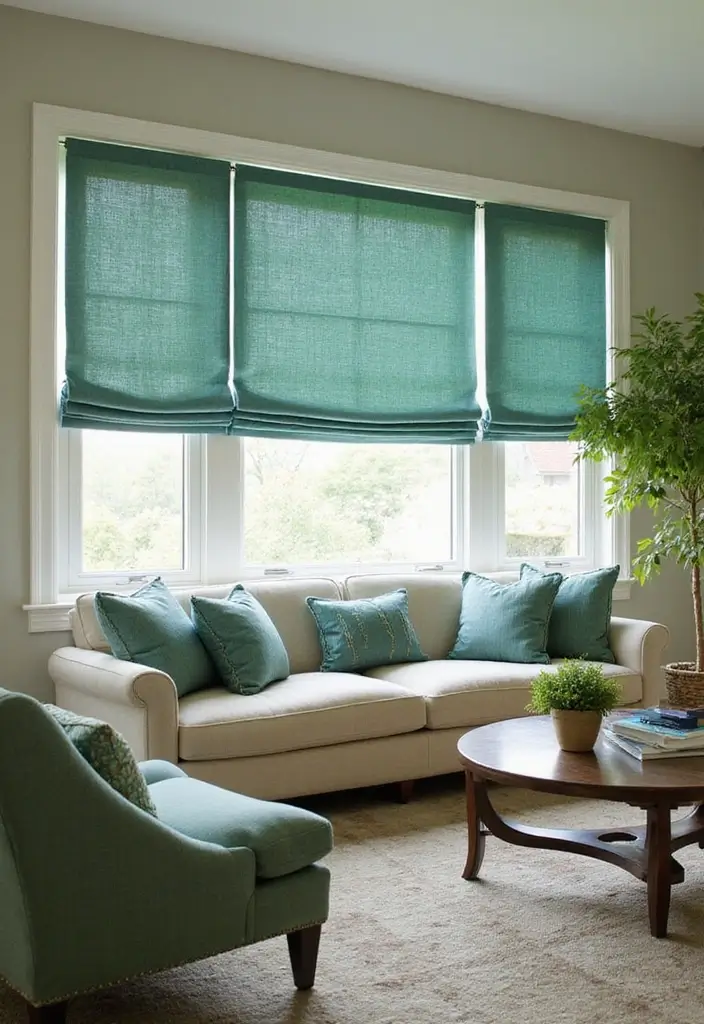 28 Teal and Green Living Room Ideas That Feel Fresh and Natural - 26. Eye-Catching Window Treatments