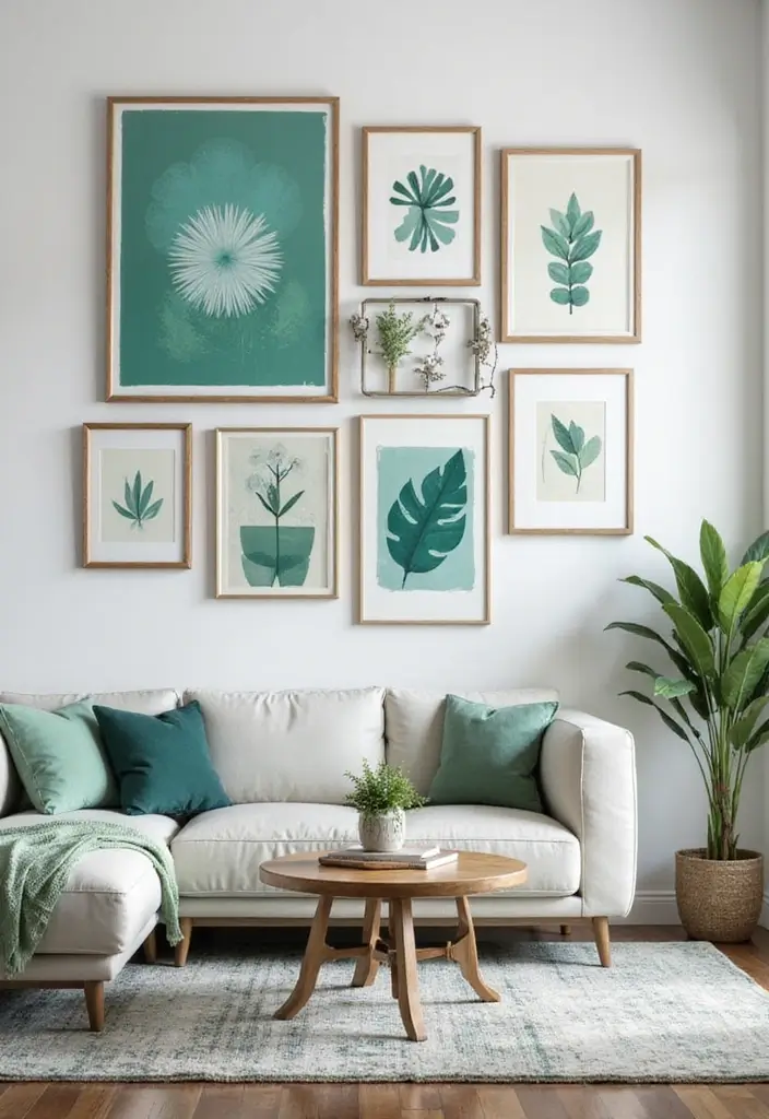 28 Teal and Green Living Room Ideas That Feel Fresh and Natural - 6. Eclectic Gallery Wall