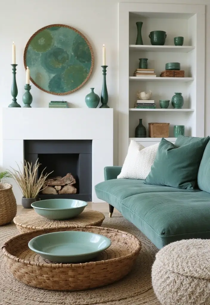 28 Teal and Green Living Room Ideas That Feel Fresh and Natural - 8. Nature-Inspired Accessories