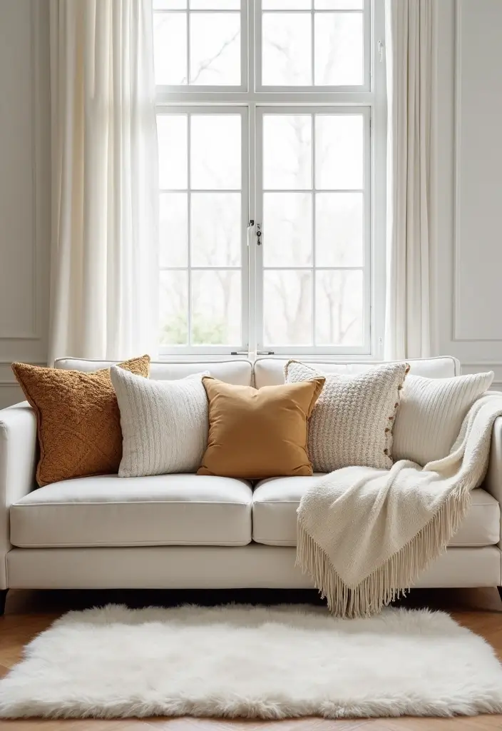 28 White and Tan Living Room Ideas That Feel Calm and Inviting - 1. Cozy Textured Throw Pillows