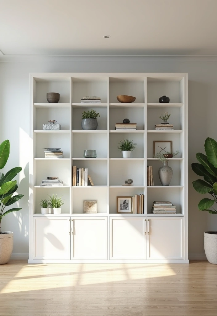 28 White and Tan Living Room Ideas That Feel Calm and Inviting - 12. White Built-In Shelving