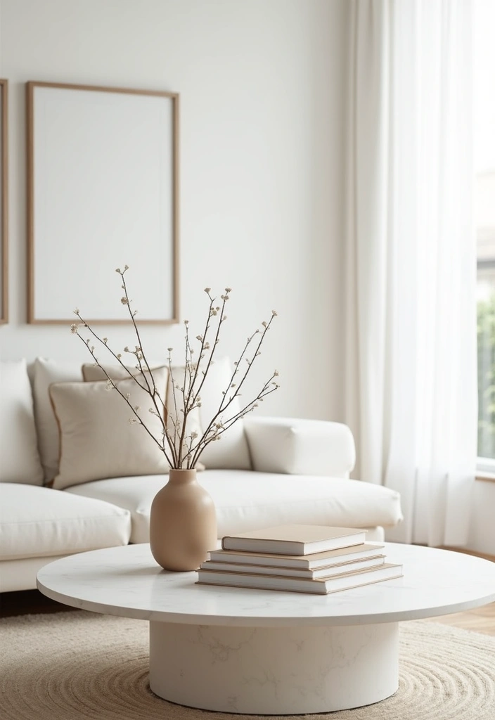 28 White and Tan Living Room Ideas That Feel Calm and Inviting - 2. Minimalist Coffee Table Elegance
