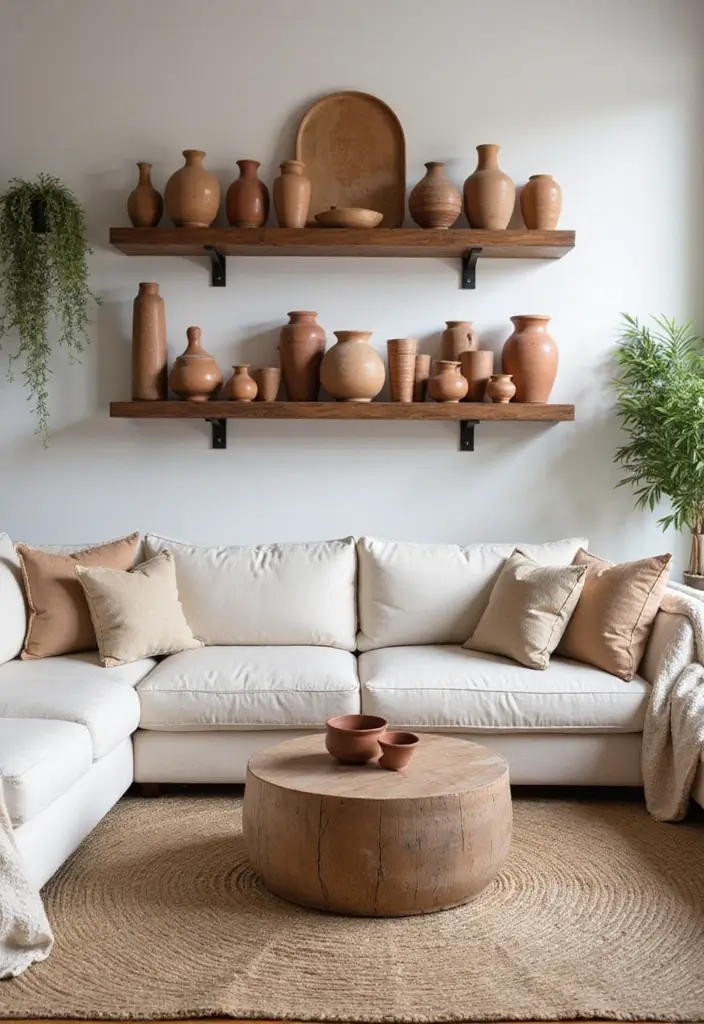 28 White and Tan Living Room Ideas That Feel Calm and Inviting - 20. Earthy Pottery
