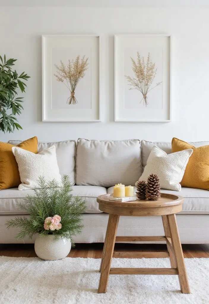 28 White and Tan Living Room Ideas That Feel Calm and Inviting - 23. Seasonal Decor