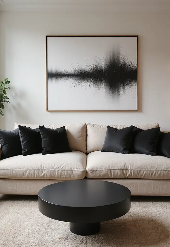 29 Black White and Beige Living Room Ideas That Feel Modern and Balanced - 1. Cozy Beige Sofa with Black Accents