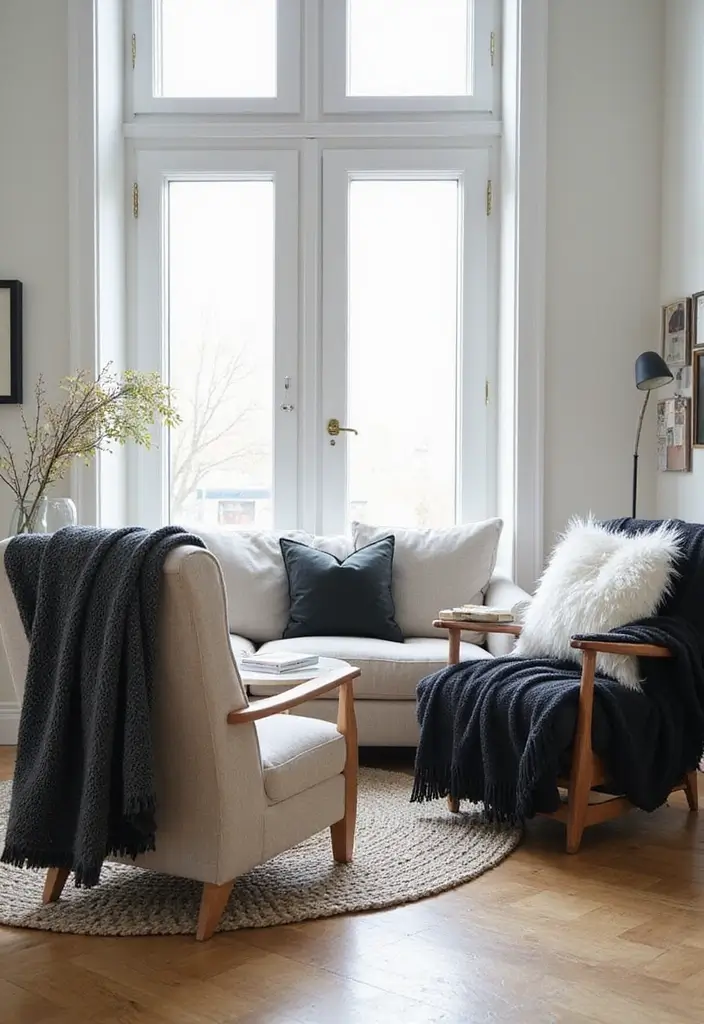 29 Black White and Beige Living Room Ideas That Feel Modern and Balanced - 12. Black and White Throw Blankets