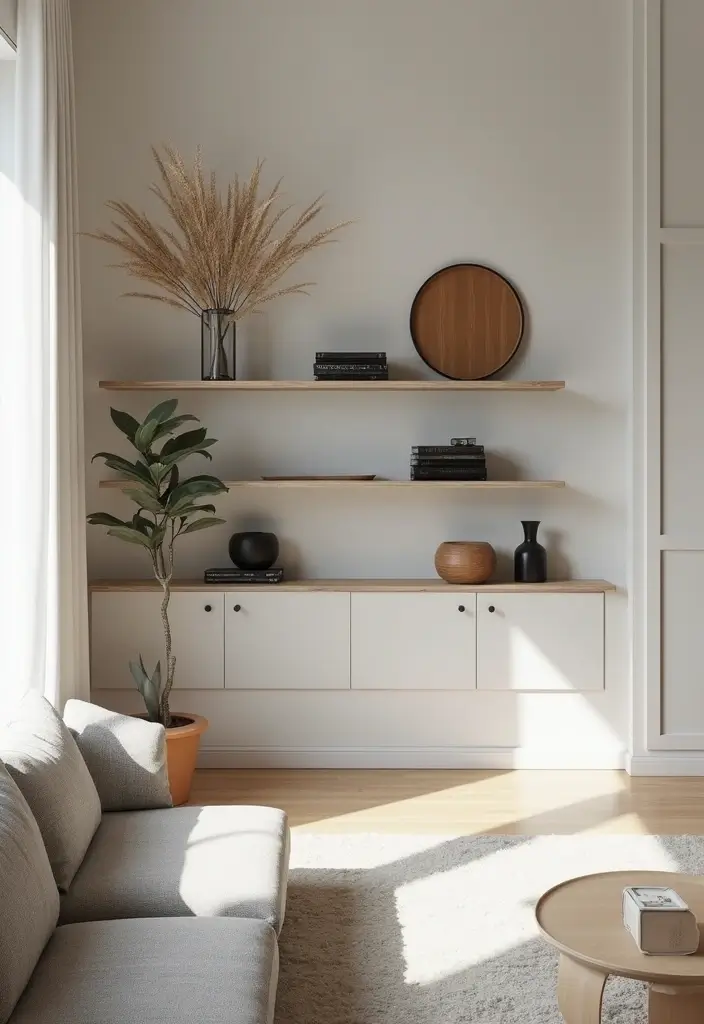 29 Black White and Beige Living Room Ideas That Feel Modern and Balanced - 13. Sleek Floating Shelves