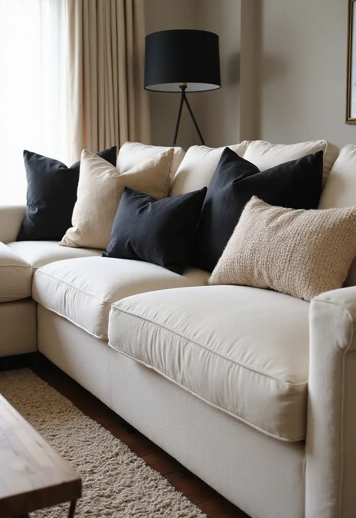 29 Black White and Beige Living Room Ideas That Feel Modern and Balanced - 16. Beige and Black Decorative Pillows