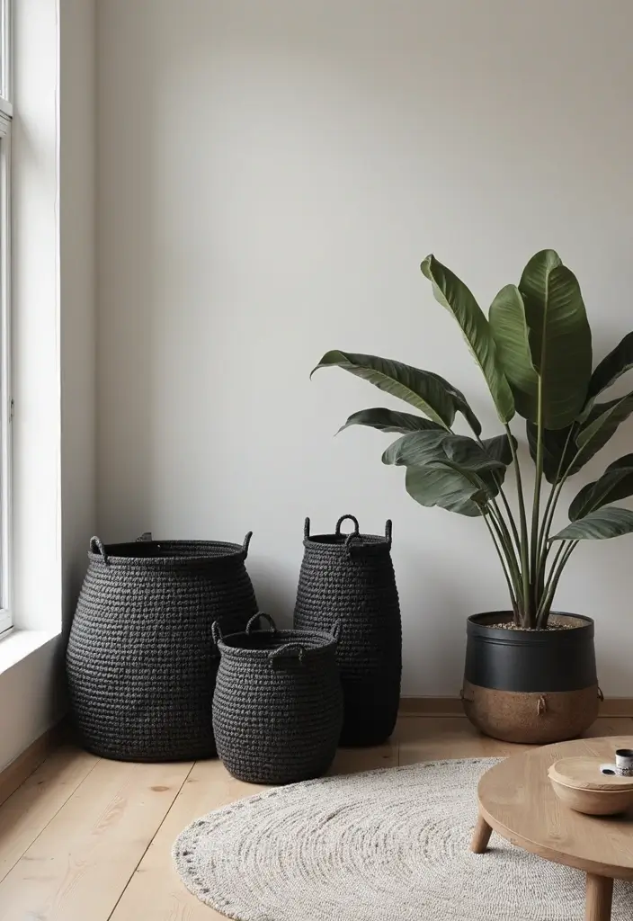 29 Black White and Beige Living Room Ideas That Feel Modern and Balanced - 17. Black Woven Baskets