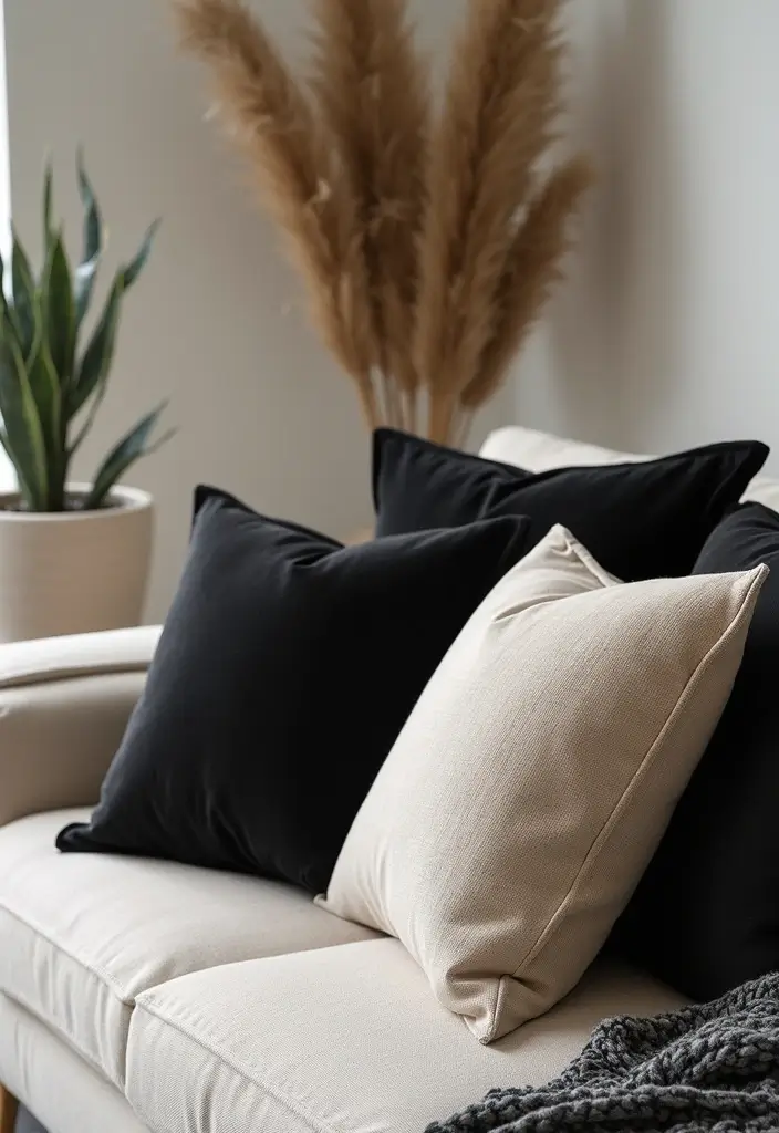 29 Black White and Beige Living Room Ideas That Feel Modern and Balanced - 19. Black and Beige Throw Pillows