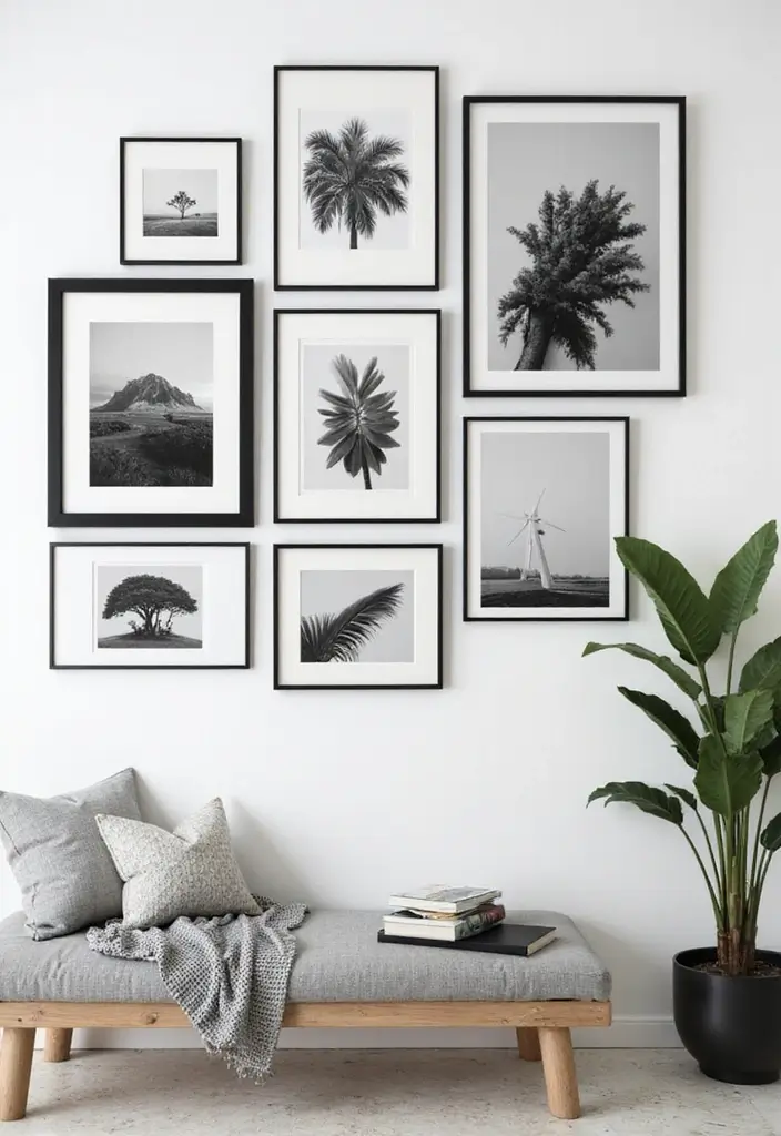 29 Black White and Beige Living Room Ideas That Feel Modern and Balanced - 2. Minimalist Black and White Gallery Wall
