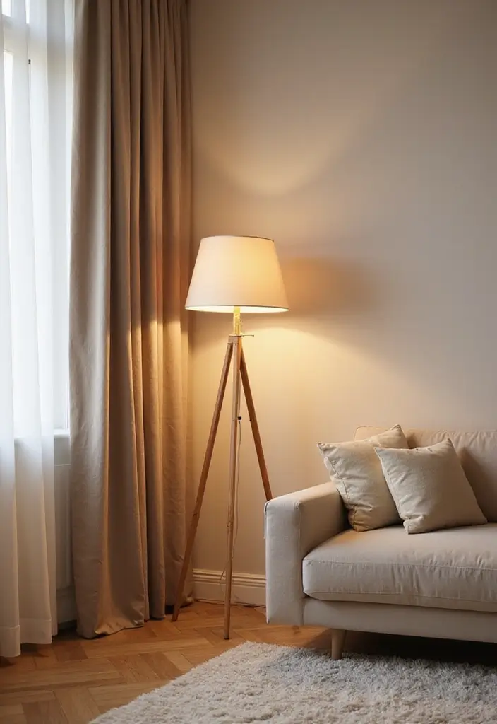 29 Black White and Beige Living Room Ideas That Feel Modern and Balanced - 23. Chic Beige Floor Lamps