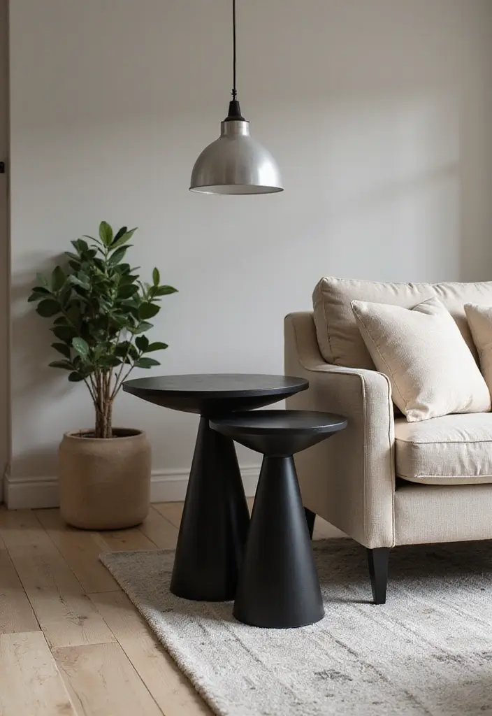 29 Black White and Beige Living Room Ideas That Feel Modern and Balanced - 24. Stylish Black Side Tables