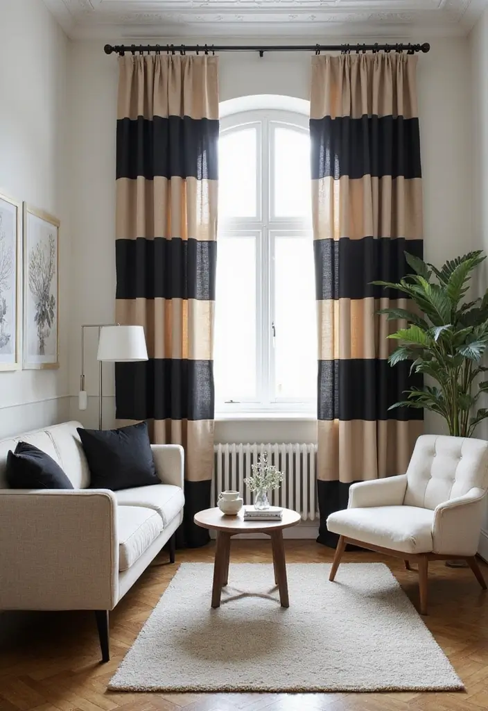 29 Black White and Beige Living Room Ideas That Feel Modern and Balanced - 6. Chic Black and Beige Striped Curtains