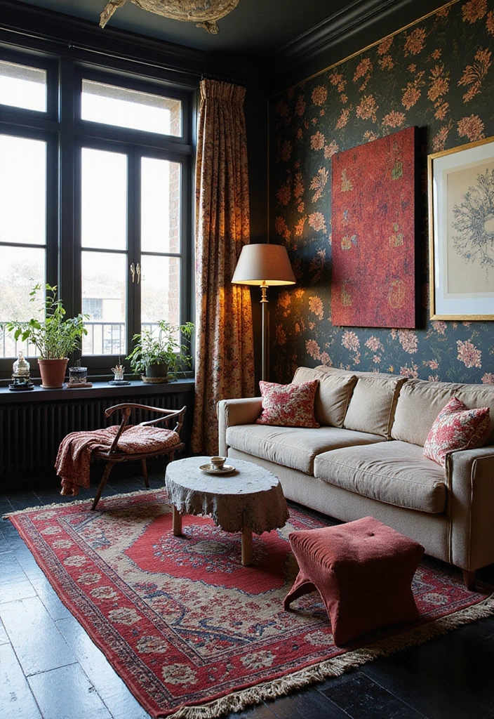 29 Black Wood Floors Living Room Ideas That Feel Bold and Luxe - 10. Mixing Patterns and Prints