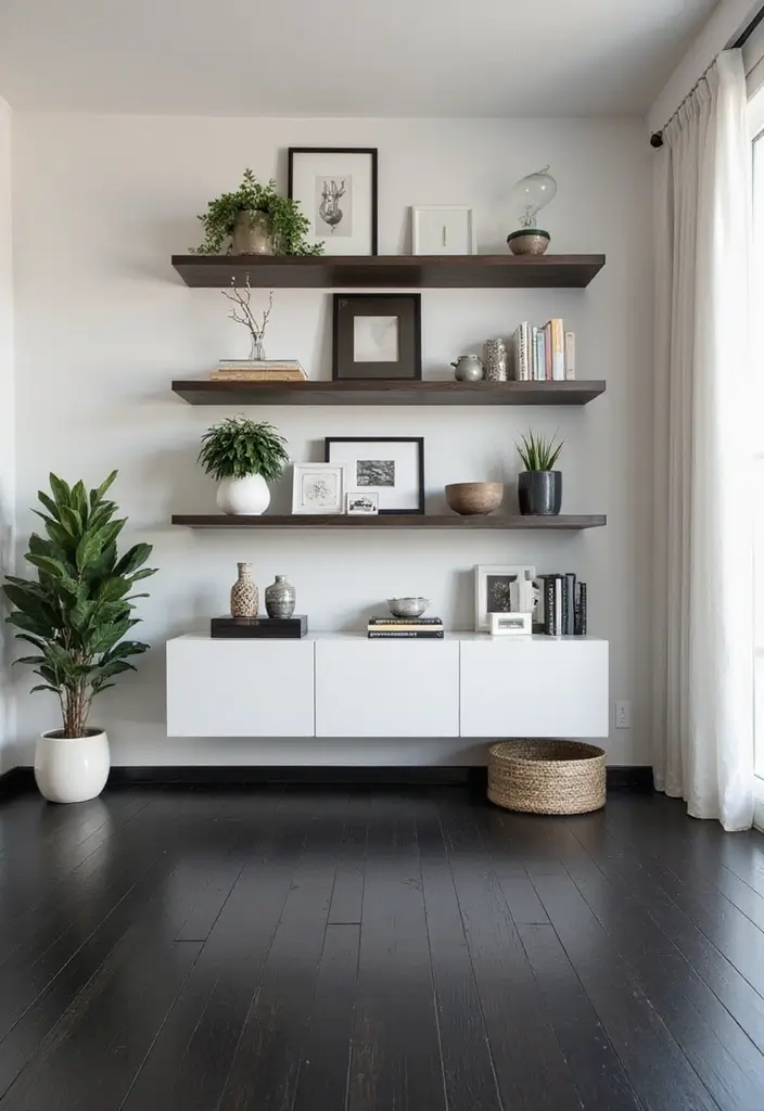 29 Black Wood Floors Living Room Ideas That Feel Bold and Luxe - 15. Incorporate Open Shelving