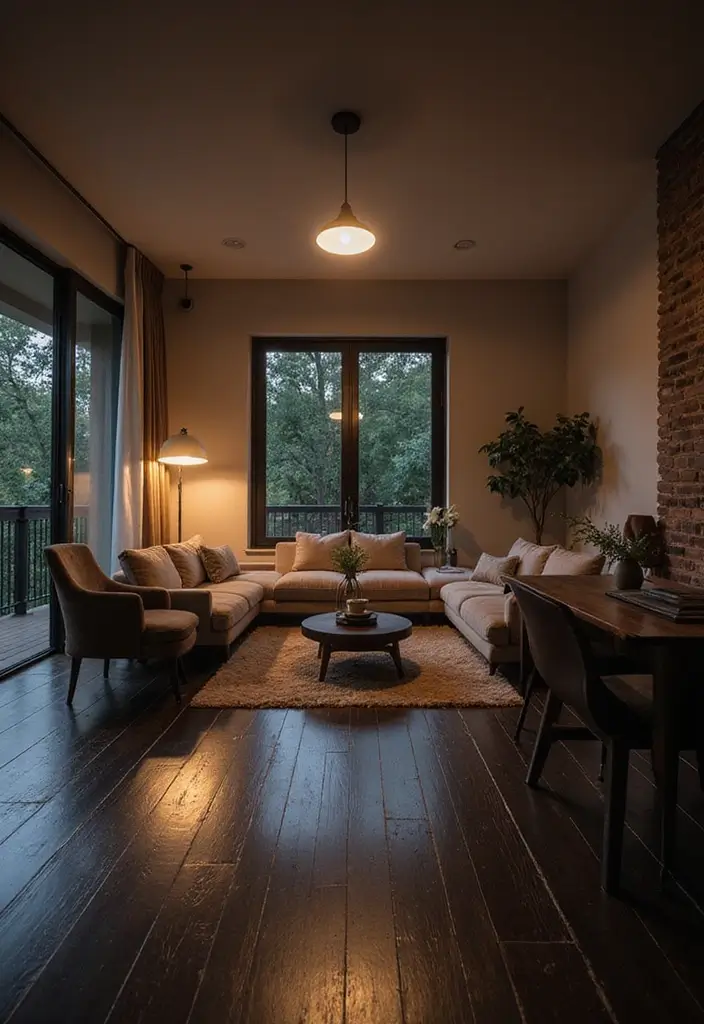 29 Black Wood Floors Living Room Ideas That Feel Bold and Luxe - 17. Layered Lighting for Depth
