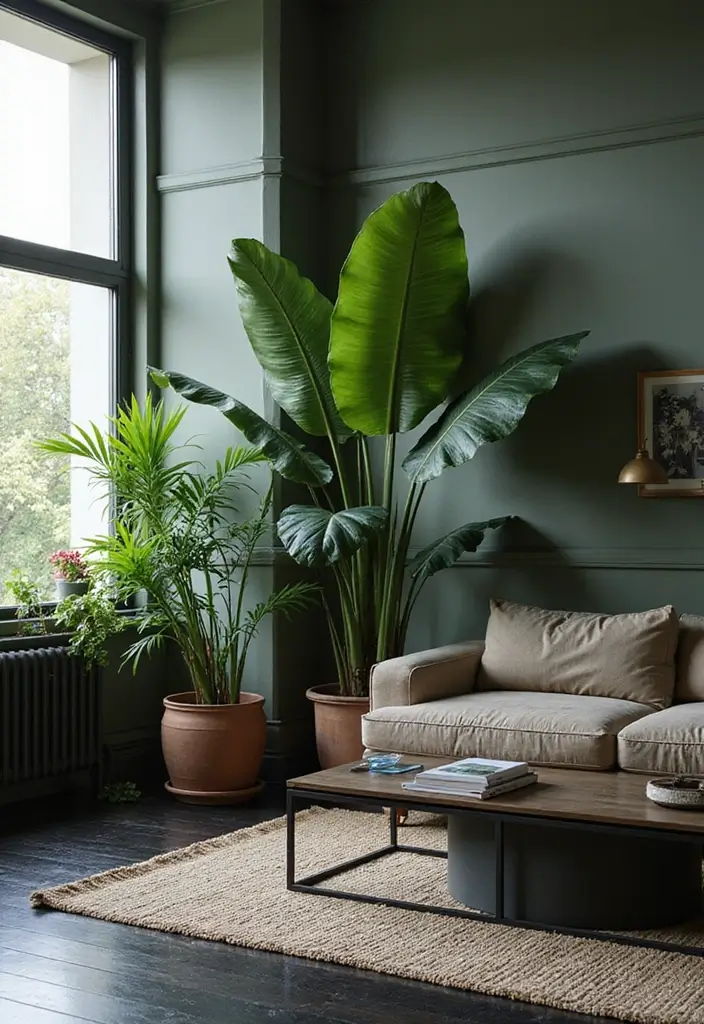 29 Black Wood Floors Living Room Ideas That Feel Bold and Luxe - 18. Incorporate Large-Scale Plants