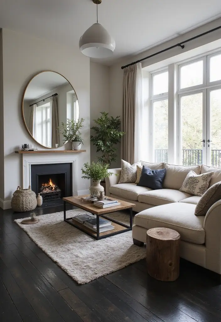 29 Black Wood Floors Living Room Ideas That Feel Bold and Luxe - 25. Statement Mirrors for Reflection