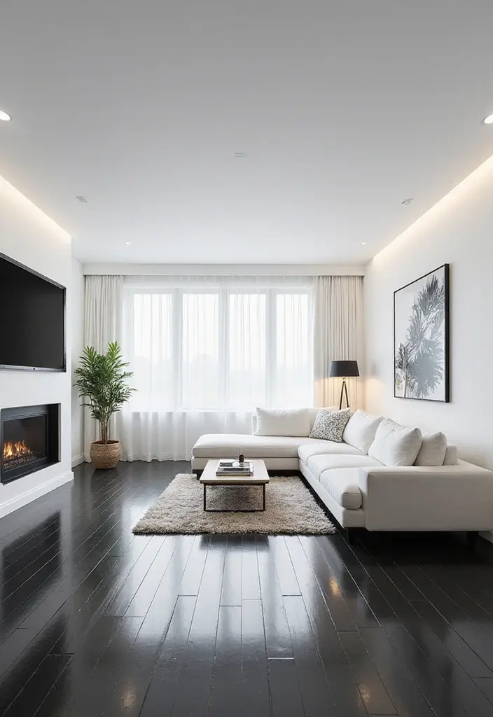 29 Black Wood Floors Living Room Ideas That Feel Bold and Luxe - 27. Bright White Accents