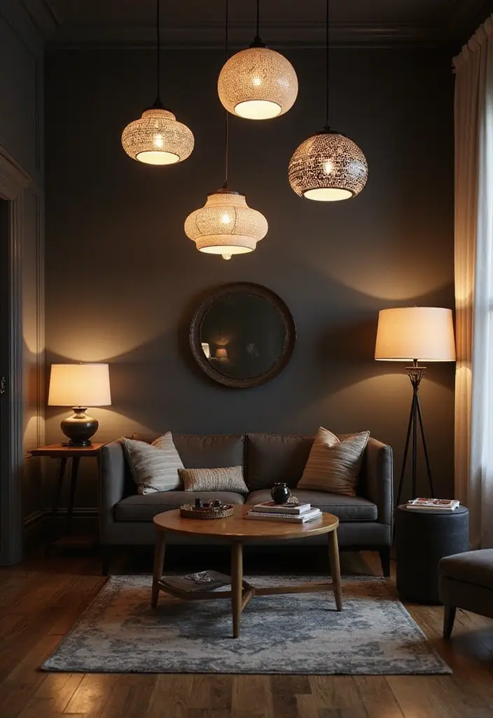 29 Black Wood Floors Living Room Ideas That Feel Bold and Luxe - 5. Statement Lighting Fixtures